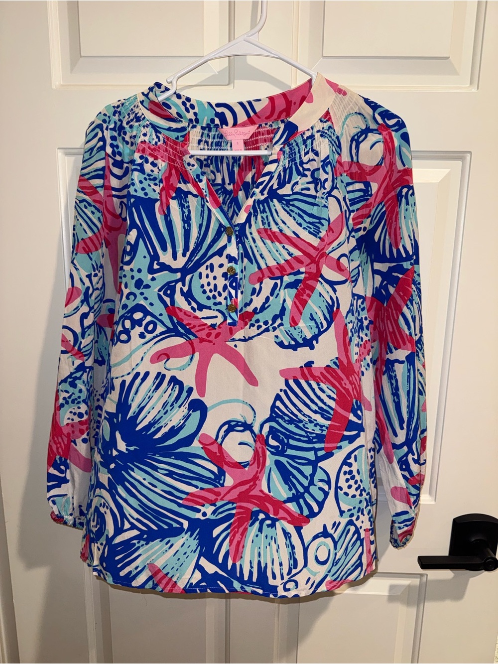 Lilly Pulitzer Blue, Pink & White Seashell Print Top